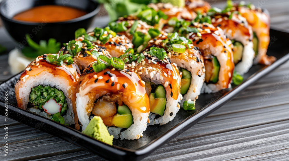 Delicious sushi rolls topped with sauce and garnished with green onions Delicious sushi rolls topped with sauce and garnished with green onions