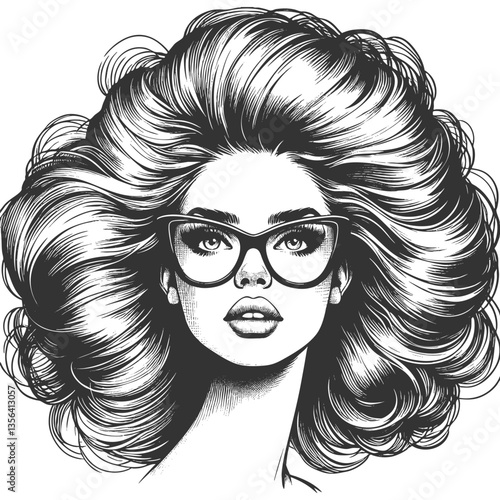 woman with large glasses and voluminous wavy hair, gazing thoughtfully sketch engraving generative ai fictional character vector illustration. Scratch board imitation. Black and white image.
