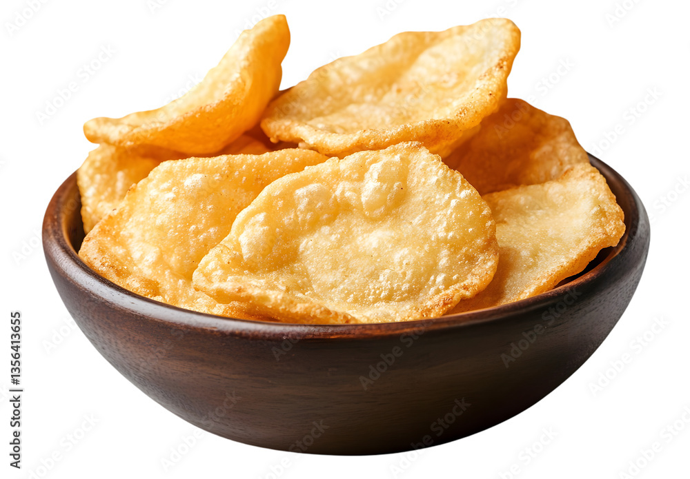 Crispy fried snacks served in a rustic wooden bowl on a transparent background Crispy fried snacks served in a rustic wooden bowl on a transparent background