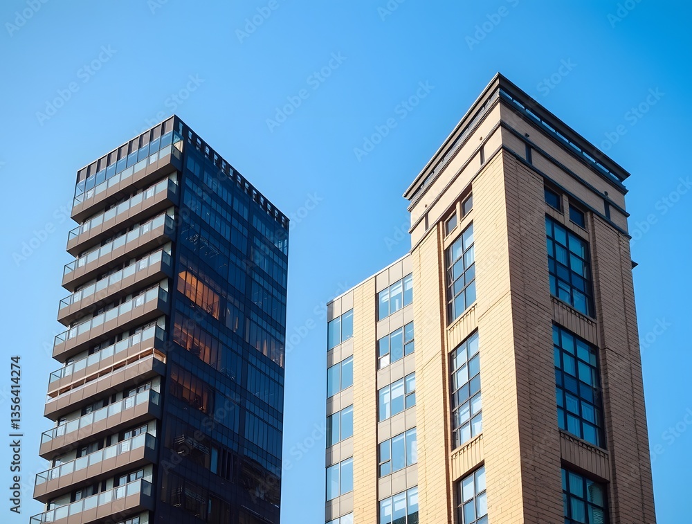 Two modern buildings contrasting in design under a clear blue sky, showcasing urban architecture Two modern buildings contrasting in design under a clear blue sky, showcasing urban architecture