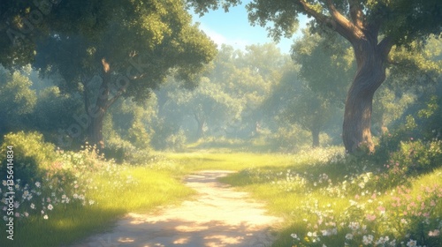 Wallpaper Mural Sunlight-drenched forest path through a meadow of wildflowers Torontodigital.ca