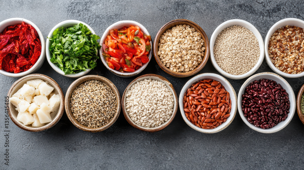 Fresh ingredients arranged in bowls, showcasing variety of grains, seeds, and vegetables Fresh ingredients arranged in bowls, showcasing variety of grains, seeds, and vegetables