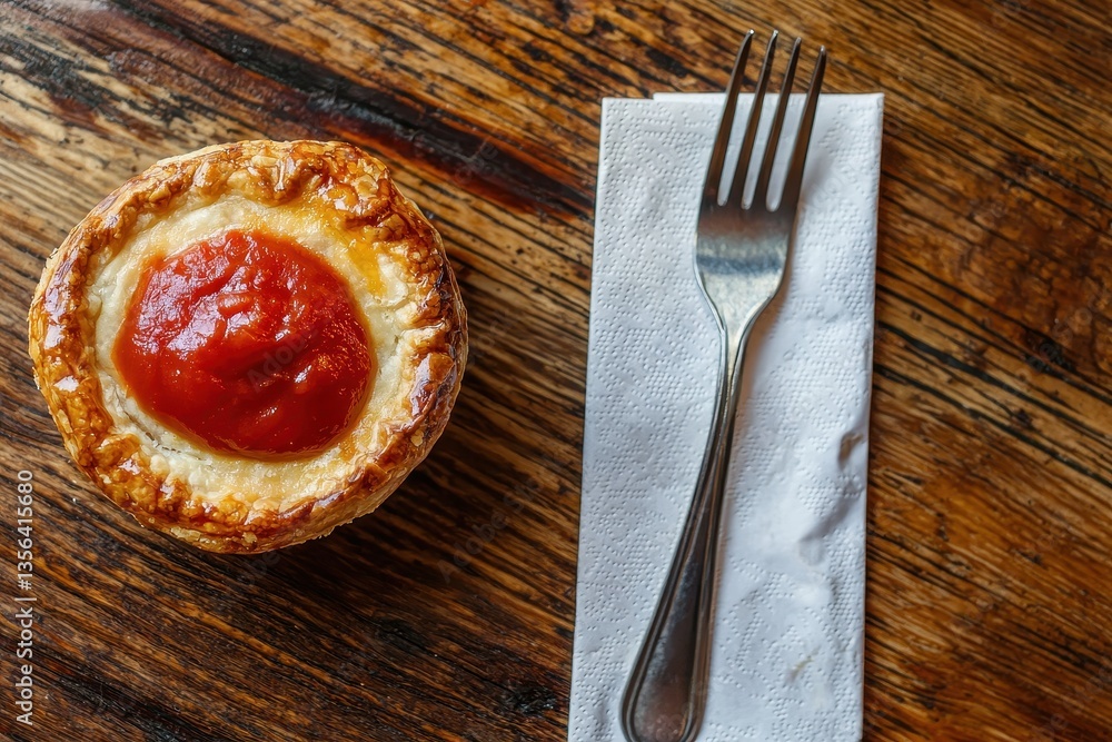 Φωτογραφία Meat Pie (Australia) A classic Australian meat pie with a flaky, golden crust, served with a dollop of tomato sauce on top