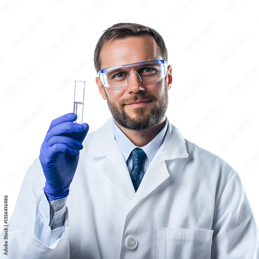 Scientist analyzes test tube. The researcher is wearing protective eye glasses and gloves while holding a test tube with light purple liquid. Scientist analyzes test tube. The researcher is wearing protective eye glasses and gloves while holding a test tube with light purple liquid.