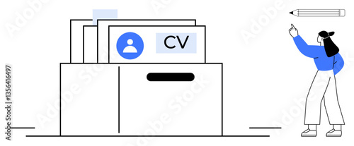 Filing box with CV folders and profile icon, person pointing to pencil. Ideal for recruitment, job search, HR, career planning, organization, employee management, flat simple metaphor