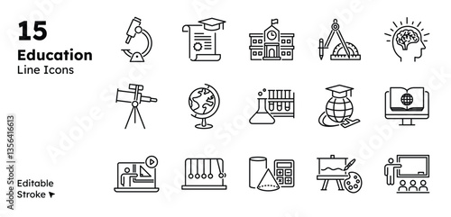 Education line icon set featuring books, rulers, calculators, microscopes, globes, graduation caps, and lab tools. Perfect for learning, teaching, online courses, and academic use.