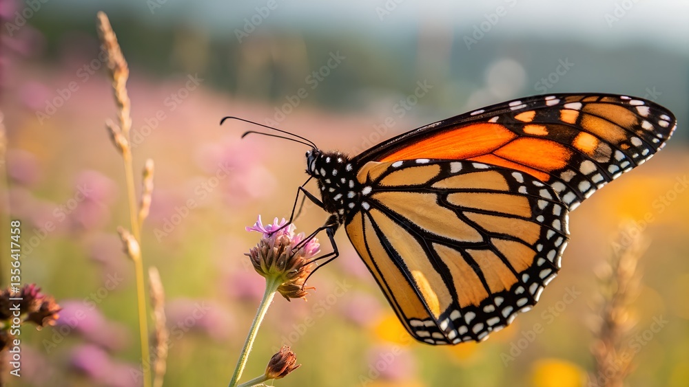Fototapeta premium Monarch Butterfly on Flower: A stunning monarch butterfly, showcasing its intricate patterns and vibrant colors, delicately perched on a purple flower, a symbol of transformation and grace