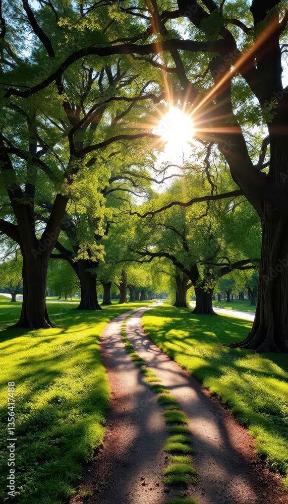 Obraz premium Sun-dappled green path winding between ancient oak trees, path, peaceful