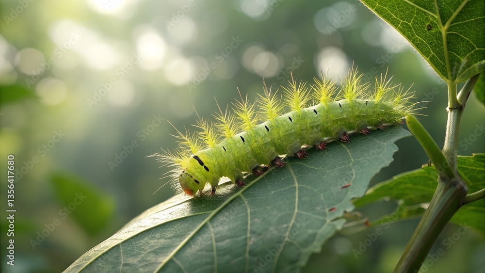 Naklejka premium Caterpillar's Serene Stroll: A vibrant green caterpillar, with its segmented body and fuzzy spikes, slowly makes its way across a leaf, basking in the sun's gentle rays