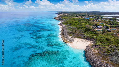 Aerial view of the beautiful coast of Exuma island with turquoise ocean and fine, sandy beaches, The Bahamas, Caribbean