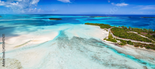 Obraz na płótnie Aerial view of the north coast of Exuma island with Exuma Point Beach and sandba