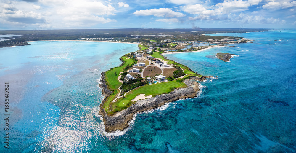 Aerial view of the beautiful Emerald Bay at Great Exuma island, The Bahamas, Caribbean Sea