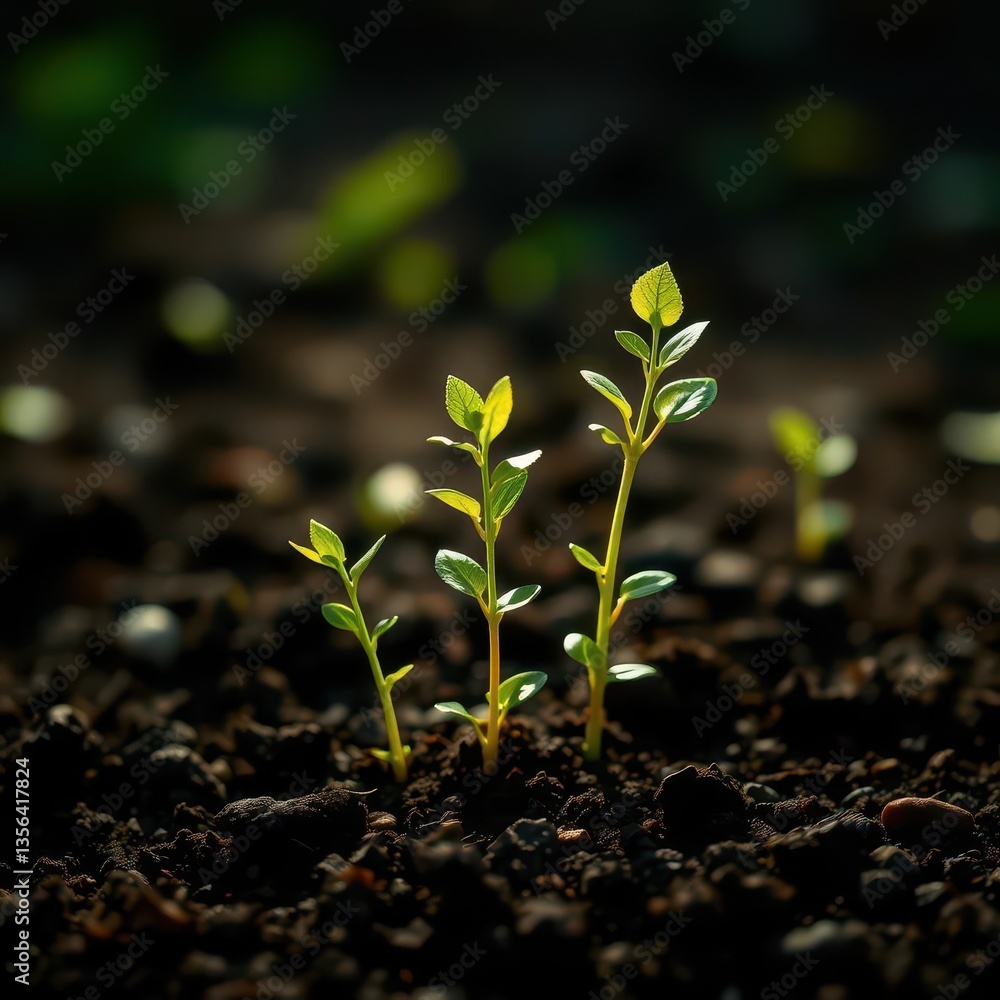 Tiny saplings emerge from rich soil, reaching towards sunlight, spring, sprout Tiny saplings emerge from rich soil, reaching towards sunlight, spring, sprout
