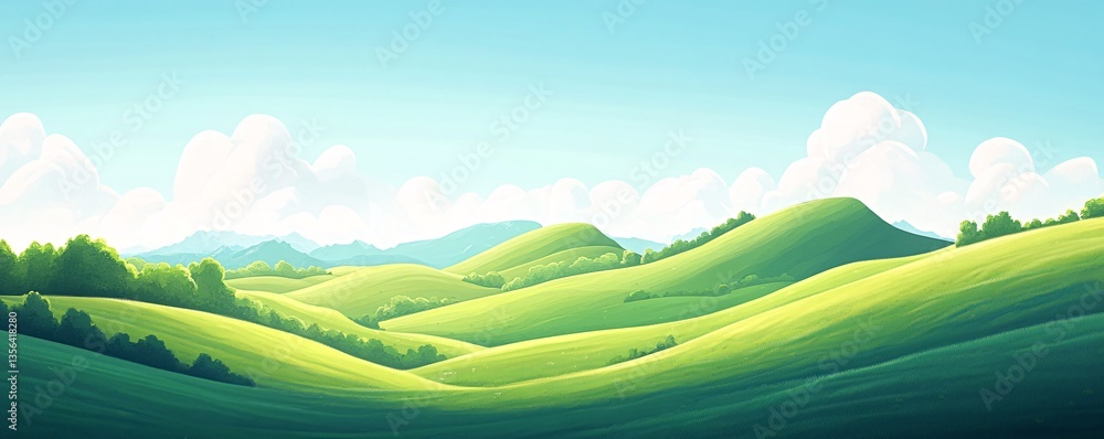 Obraz premium Rolling Hills Illustration: Capture the serenity and vastness of nature with this illustration of rolling hills under a clear blue sky, creating a sense of peace and freedom.