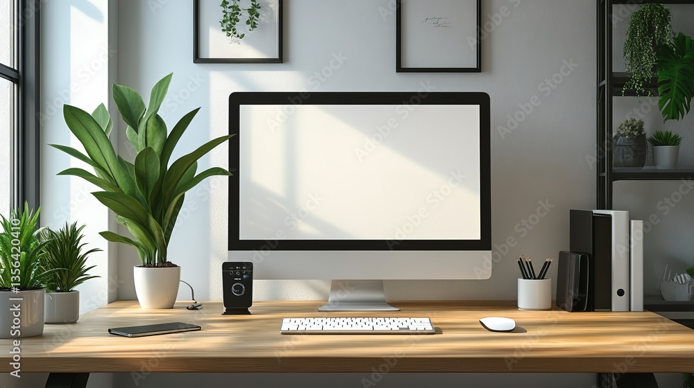 Fototapeta premium Modern Workspace Featuring Computer on Desk with Lush Green Plant Creating a Calm Productive Atmosphere