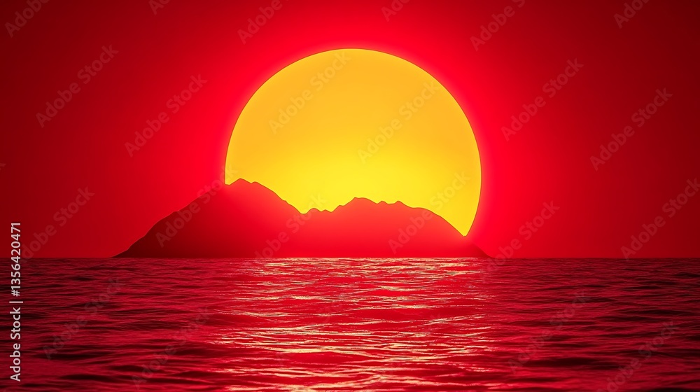 Fototapeta premium Red sunset over silhouetted island.