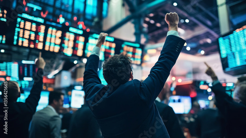 Investors joyfully celebrate in the bustling trading floor as the financial market reaches its closing bell, signaling the end of a successful trading day.