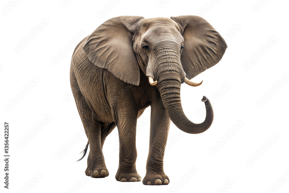 Fototapeta premium Grey African elephant walking alone isolated on transparent background