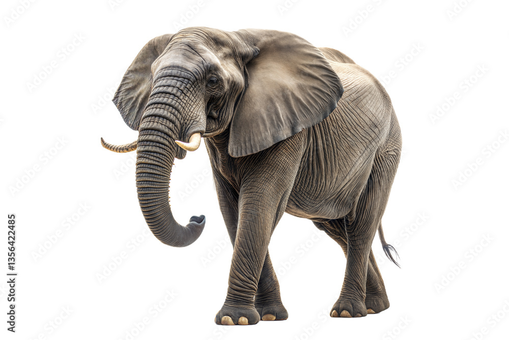 Fototapeta premium Grey African elephant walking alone isolated on transparent background