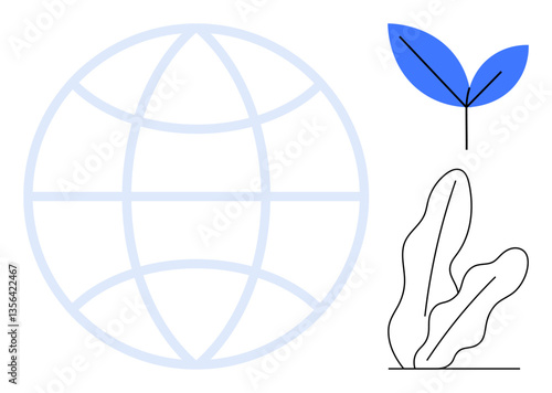 Globe outline paired with a blue leaf and minimal plant design evokes nature, environmental conservation, and global connection. Ideal for eco-sustainability, green energy, growth, regeneration