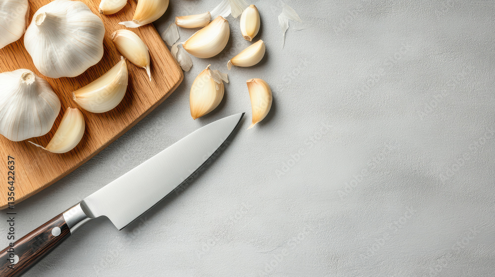 Fototapeta premium Fresh garlic cloves and knife on wooden board create culinary scene