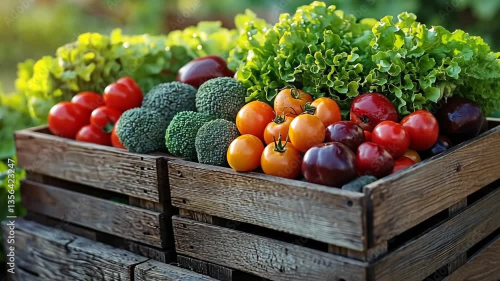 Fresh produce in wooden crates at garden market. Possible use Stock photo Fresh produce in wooden crates at garden market. Possible use Stock photo
