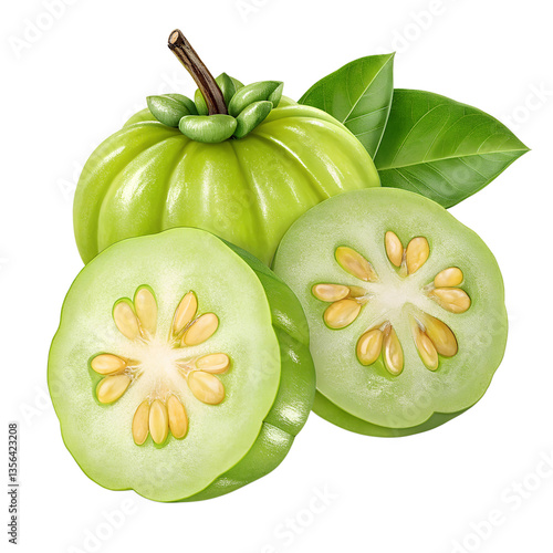 Ripe Garcinia Cambogia Fruit Still Life A Vibrant Green Tropical Delight Isolated on Transparent background