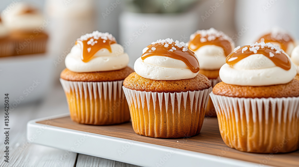 Delicious vanilla cupcakes topped with caramel drizzle and sea salt, perfect for any occasion Delicious vanilla cupcakes topped with caramel drizzle and sea salt, perfect for any occasion