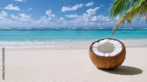 Wallpaper Mural tropical beach scene featuring freshly cracked coconut on soft sand, with stunning ocean view Torontodigital.ca