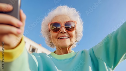 Woman in a green sweater is taking a selfie with her cell phone. She is wearing sunglasses and smiling