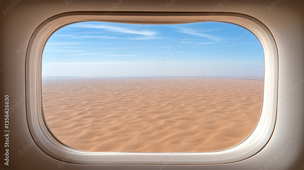 Naklejka premium vast desert landscape unfolds outside airplane window, showcasing endless sand dunes clear blue