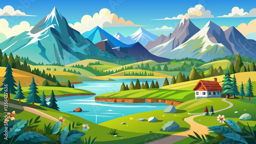 panoramic landscape with meadow and lake in front of alps mountains