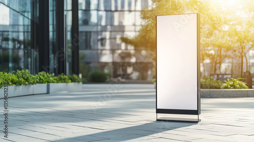 Blank vertical screen standing outside in city sunlight. Perfect for digital ad mockups, banners, or branding displays.

