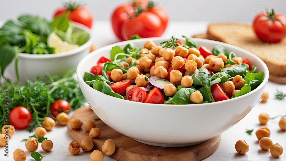 A white bowl of fresh salad containing chickpeas, cherry tomatoes A white bowl of fresh salad containing chickpeas, cherry tomatoes