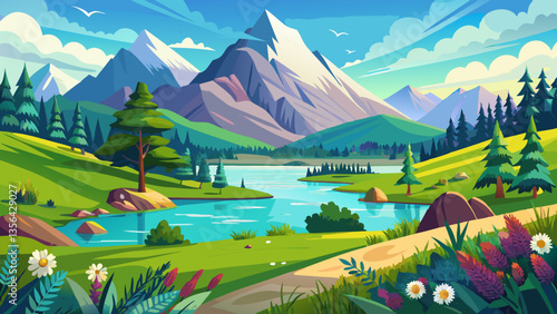 panoramic landscape with meadow and lake in front of alps mountains