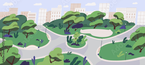 Panorama of empty urban park with trees, green lawns, benches, bike paths and street lights. City landscape, cityscape with buildings and nature. Summer outdoors in town. Flat vector illustration
