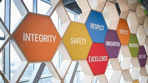 Honeycomb wall display with company values: integrity, safety, respect, innovation, excellence