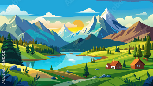 panoramic landscape with meadow and lake in front of alps mountains