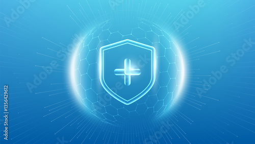 Protection. Healthcare. Insurance. Protection shield with Check mark icon inside transparent sphere shield with hexagon pattern on blue background. 