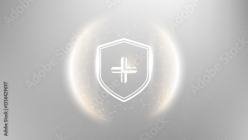 Protection. Healthcare. Insurance. Protection shield with Check mark icon inside transparent sphere shield with hexagon pattern on blue background. 