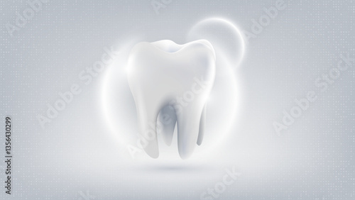 3D realistic vector healthy glowing tooth. Dental care, protection and whitening. Dental care, taking care of teeth. Dental servises. Dentistry, Orthodontic concept. 3D Tooth with shine backgroud