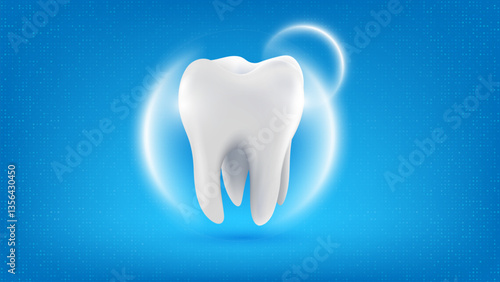 3D realistic vector healthy glowing tooth. Dental care, protection and whitening. Dental care, taking care of teeth. Dental servises. Dentistry, Orthodontic concept. 3D Tooth with shine backgroud