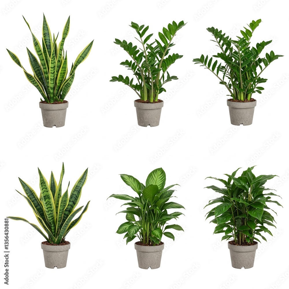 Fototapeta premium Various lush green houseplants in stylish ceramic pots isolated on white background 
