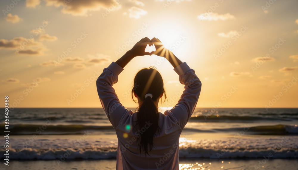 Fototapeta premium Woman expressing love at sunset on the beach