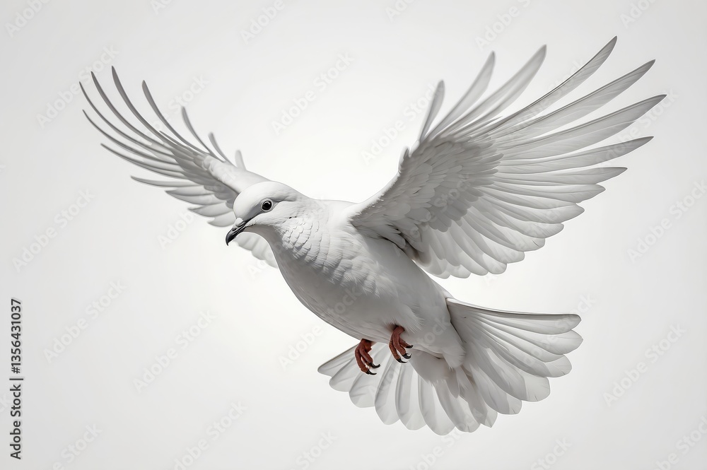 Fototapeta premium White dove in flight, wings spread wide against a light grey background.