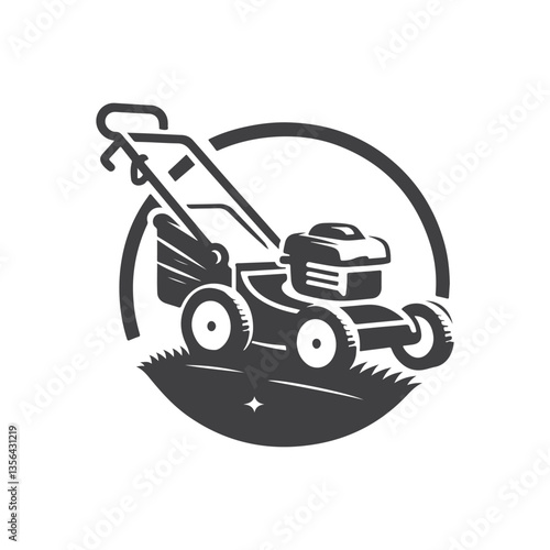 Lawn mower logo on white background. Logo featuring a man mowing the grass for brand. Suitable for landscaping, gardening, outdoor services, lawn care businesses.