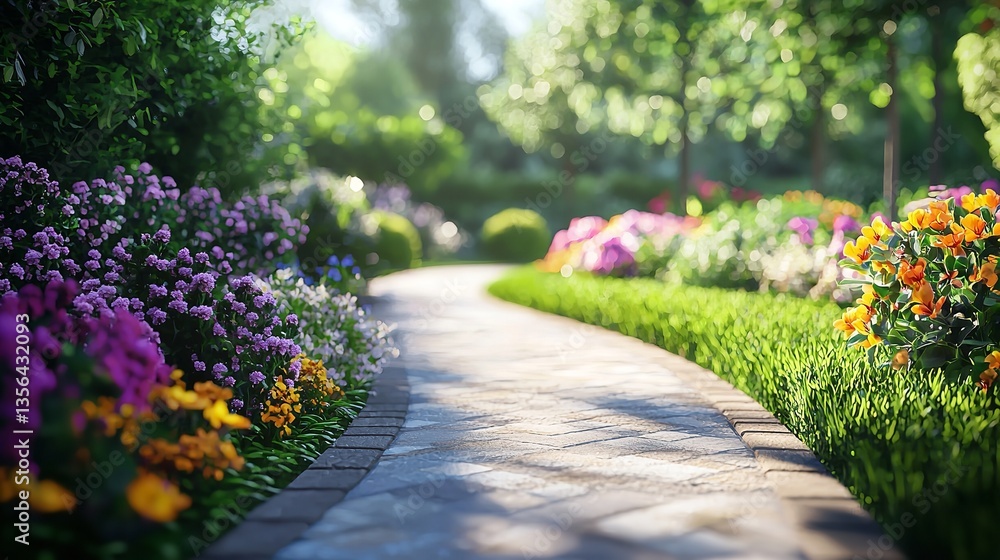 Lush greenery and vibrant blooms along a scenic garden path Lush greenery and vibrant blooms along a scenic garden path