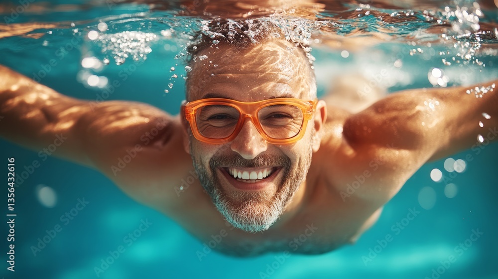 Naklejka premium Man in a pool wearing orange goggles and smiling. Scene is happy and carefree
