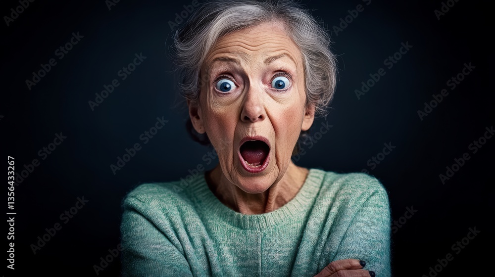 Woman with a surprised expression on her face. She is wearing a green sweater. The image has a mood of surprise and curiosity Woman with a surprised expression on her face. She is wearing a green sweater. The image has a mood of surprise and curiosity