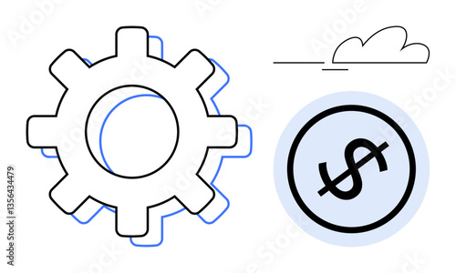 Gear with overlapping lines, circular dollar sign, minimalist cloud. Ideal for business, finance, productivity, technology, optimization innovation startup culture. Flat simple metaphor